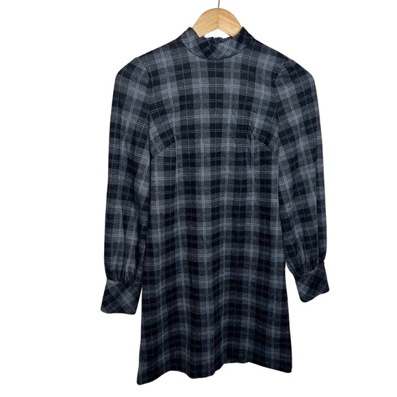 CALVIN KLEIN Women’s Zippered Plaid Cuffed Sleeve Mock Neck Short Shift Dress 4P - Picture 2 of 13